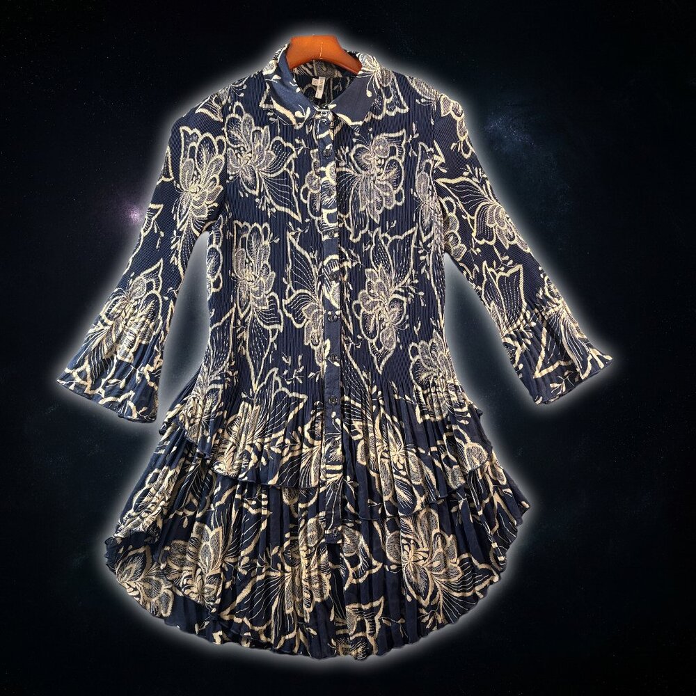 Lindi Blue/White Stretch Button Up Fit & Flare Floral Dress Women's Size Medium